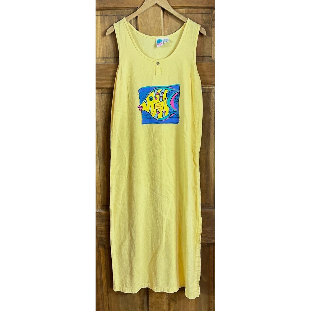 VTG Retro Resortwear 90s Summer Maxi Beach Dress L Fish Travel Yellow Coastal